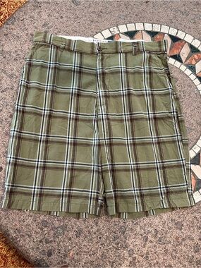Men's Olive Green Plaid Long Camp Shorts